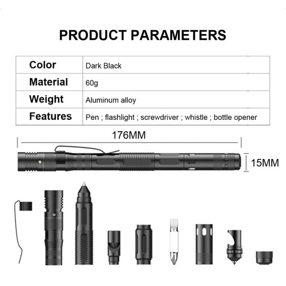 Multifunctional Self Defense Tactical Pen Defense Flashlight Aluminum Screwdrive - Picture 13 of 16